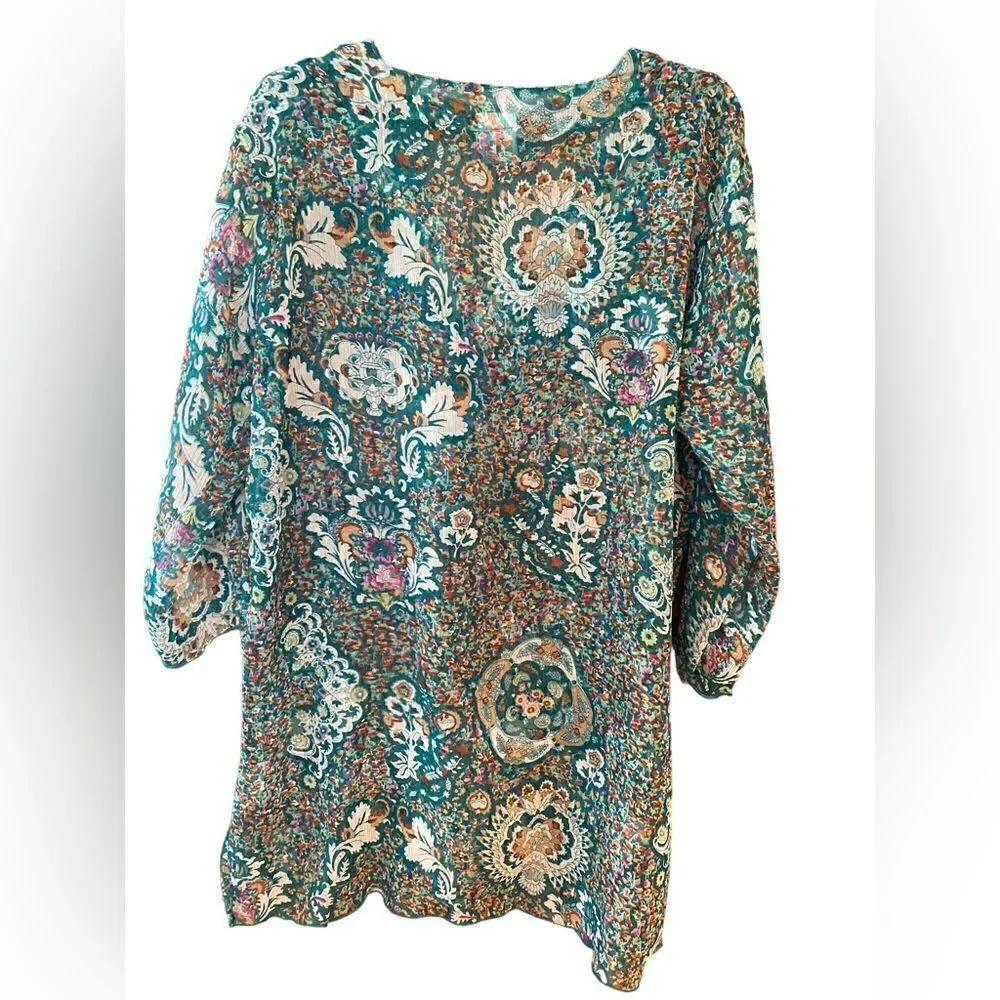 Rima Sz L/XL Teal Green Paisley Floral Sheer Embroidered Collar Beach Swim Cover